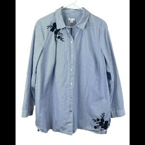J. Jill Women's Embroidered  Blue Striped Button Up Long Sleeve Top‎ Size 1X